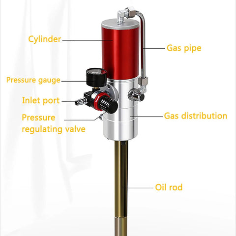 Top Shelf Air Operated Grease Pump Kit For 55 Gallon Drums close-up of the pressure gauge, inlet port, and oil rod details.