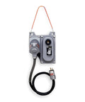 Heavy Duty Surface Mount GFCI Outlet With Three Quarter Inch NPT Hub For Straight Up Tough Hardwiring And Easy Manual Reset Ground Fault Protection In A Beefy Gray Aluminum Housing That Holds Up Tight, showing gray housing and cord.