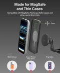 Qi2 15W Magnetic Wireless Car Charger For Tesla Dash Mount Super Fast Charging Hub displaying compatible cases up to 3mm thick.