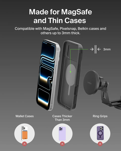 Qi2 15W Magnetic Wireless Car Charger For Tesla Dash Mount Super Fast Charging Hub displaying compatible cases up to 3mm thick.