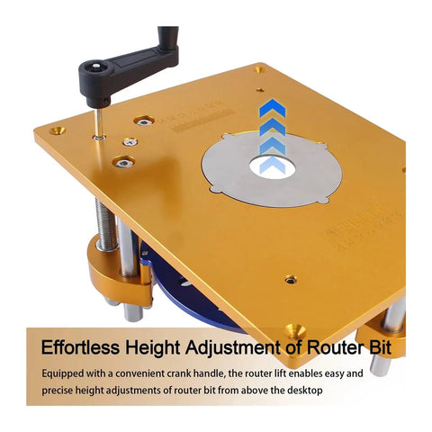 Premium Kickass Aluminum Router Lift And Table Insert Plate For Hella Precise Milling Flip Board, crank handle for height adjustments.