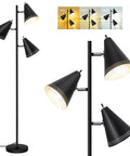 Triple Head Floor Lamp With 9W LED Bulbs, Three Color Temperature Settings, Adjustable Metal Lamp Shades, Black Finish, Tall Pole