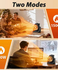 2 In 1 Portable Space Heater And Desk Fan heating living room at 1500W and home office at 700W with family and desk scenes.