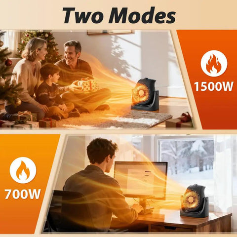 2 In 1 Portable Space Heater And Desk Fan heating living room at 1500W and home office at 700W with family and desk scenes.