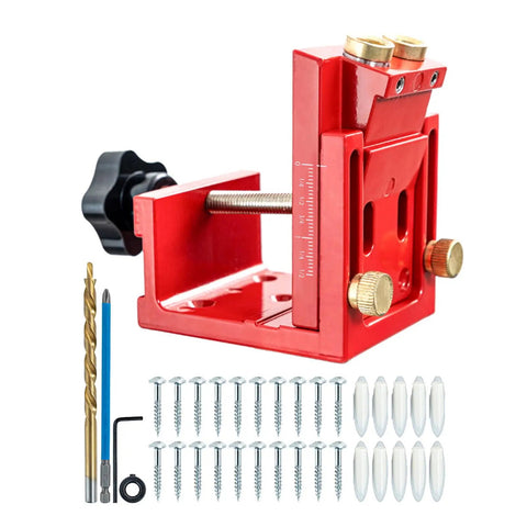 Solid As A Rock Aluminum Pocket Hole Jig With No Sweat Setup For Custom Furniture And Cabinet Build Adjustable Drill Depth Ranging Twelve To Forty Five Millimeters Killer Woodworking Gear Red Coating with drill bits and screws.