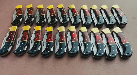 Handmade Folding Knife Set With Wood Handles, Collectible Wholesale Lot Of 20 for hunting, camping, EDC, and gift for her, displayed.