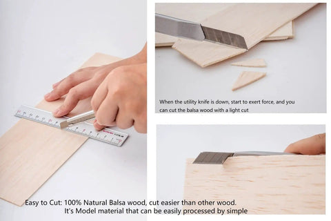 Cutting 100% natural balsa wood sheets, one sixteenth inch thick, 4 by 12 inches, perfect for DIY crafts and model making.