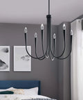 Six-Light Black Chandelier With Height-Adjustable Rods For Dining Room, modern flush mount ceiling fixture in bedroom setting