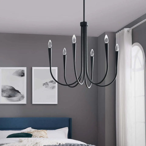 Penrose 6-Light Chandelier in Polished Nickel Finish for Dining Room, sleek design displayed above modern bedroom setting
