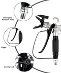 Hassle Free Airless Paint Spray Gun Kit With Five Reversible Tips Ten Spare Mesh Filters And Safety Nozzle Guard shown with trigger and security lock.