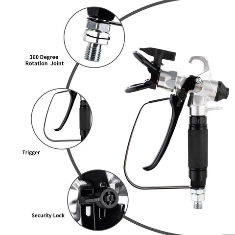 Hassle Free Airless Paint Spray Gun Kit With Five Reversible Tips Ten Spare Mesh Filters And Safety Nozzle Guard shown with trigger and security lock.