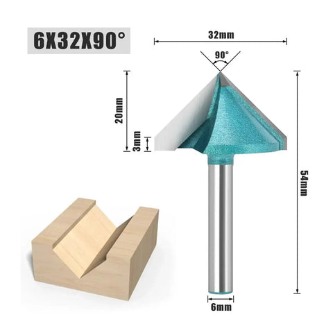 Heavy Duty 6 Mm Shank V Groove Router Bit With Sharp 90 Degree Cutting Angle For Precision Wood Engraving Cuts And 3D Milling Projects That Look Totally Awesome, 32mm diameter.