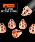 5 Pcs Premium Copper Plasma Caps For 85 And 105 Thermal Dynamics Cutting Torch Consumables High Temp Replacement Parts Ensure Precise Cut Quality And Lasting Durability Now - Five copper plasma cutting shields on black background.