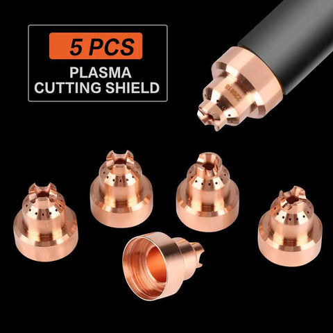 Super Cool Plasma Caps 5 Pack Copper Replacement For Thermal Dynamics 85 And 105 Cutting Torch Consumables with five copper cutting shields.