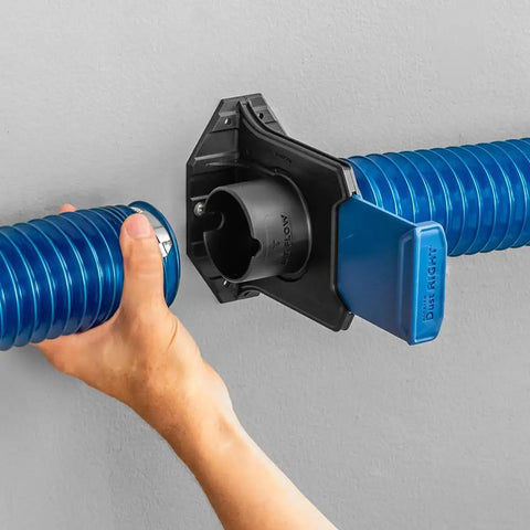Wall-mounted Ready-Mount Blast Gate for 2.5 Inch Dust Collection, Clog-Free and Self-Cleaning, in woodworking vacuum setup.