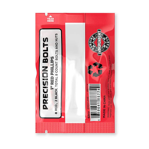 Back view of Phillips Hardware Kit For Skateboard Trucks 1 Inch Red Black With Tool packaging showing details and barcode.