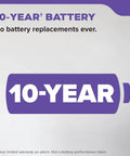 Graphic showing a 10-year battery symbol for Smoke And Carbon Monoxide Detector With Voice Alerts For Whole Home Safety No Wiring Needed Easy Install Two In One Alarm With Photoelectric Sensor And CO Alarm Battery 10 Year Sealed