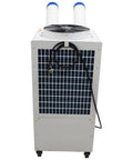 Heavy Duty Shop Cooler Rig With Smart Controls And Massive Fourteen Liter Tank Drops Killer Chill For Busy Warehouse And Garage Zones At 18700 Btu Just Plug Straight Into Any 110V Wall Socket back view of the cooler with exhaust pipes and power cord.