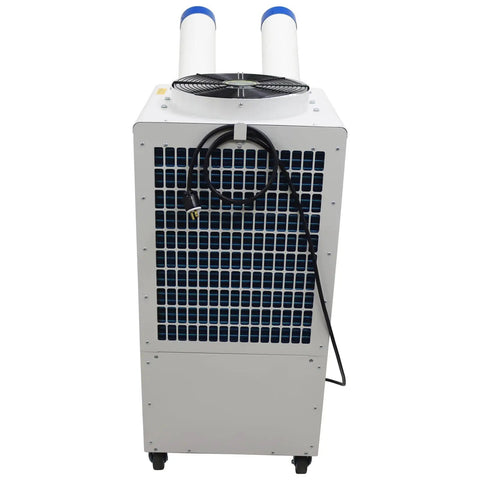 Heavy Duty Shop Cooler Rig With Smart Controls And Massive Fourteen Liter Tank Drops Killer Chill For Busy Warehouse And Garage Zones At 18700 Btu Just Plug Straight Into Any 110V Wall Socket back view of the cooler with exhaust pipes and power cord.