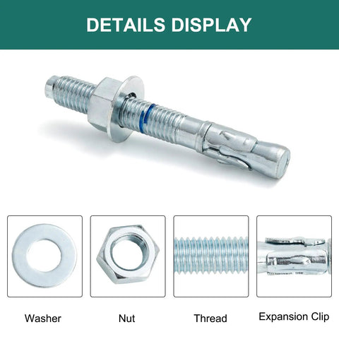 Close-up of Five Eighth Inch Concrete Anchor Bolts Set showing washer, nut, thread, expansion clip components.