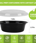 Meal Prep Containers With Lids 50 Pack 32 Ounce Round To Go Food Storage Bowls BPA Free, shown with lid and size dimensions.