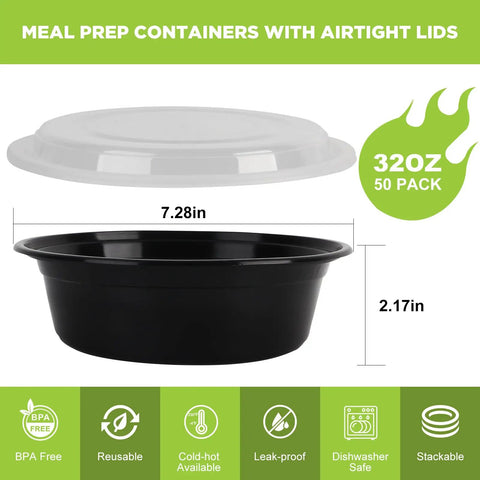 Meal Prep Containers With Lids 50 Pack 32 Ounce Round To Go Food Storage Bowls BPA Free, shown with lid and size dimensions.
