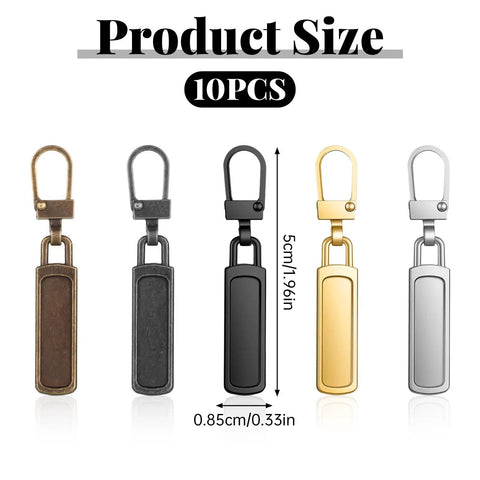 10 Piece Zipper Pull Replacement Set Silver Black Gold Copper For Jackets Bags Luggage Backpacks Coats Shoes Durable Zipper Pull Tabs displayed by color and size