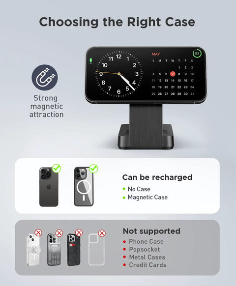 Infographic showing magnetic case compatibility for 3 In 1 Magnetic Wireless Charger For IPhone MagSafe Apple Watch And AirPods