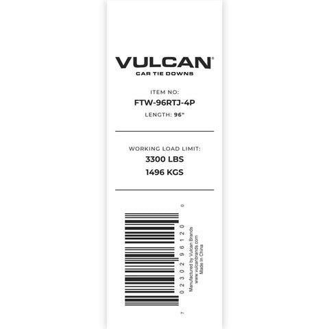 Label showing specs for Car Tie Down Replacement Straps With RTJ Hooks 96 Inch 4 Pack 3,300 Pound Safe Working Load