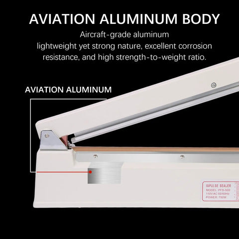 20 Inch Commercial Impulse Sealer Machine With Industrial Grade Aviation Aluminum Body For Heavy Duty Workhorse High Efficiency Heat Sealing In Factories Warehouses And Food Packaging Lines, aviation aluminum body