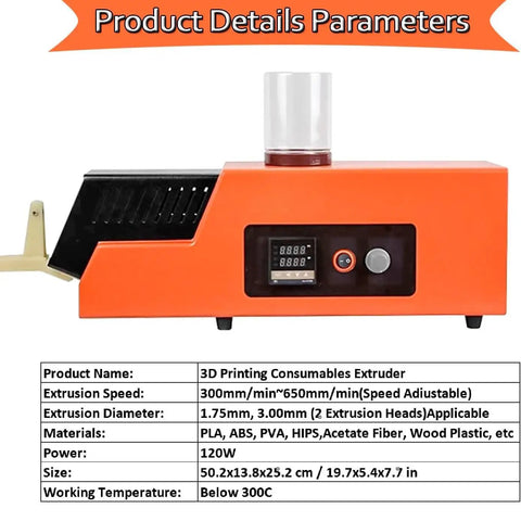 Killer Desktop 3D Filament Extruder Machine With 120 Watt Power And Adjustable Speed Settings displaying control panel and hopper design.