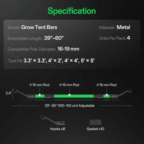 Specification of Beefy Grow Tent Mounting Kit With Adjustable Poles 39 to 60 Inches Built For 3.3 by 3.3 Ft to 5 by 5 Ft Tents
