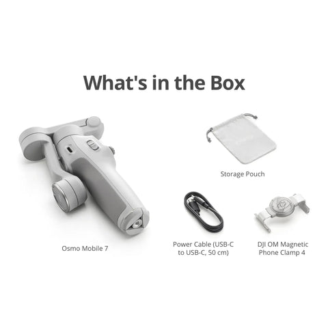 Osmo Mobile 7 Gimbal Stabilizer with storage pouch, USB-C power cable, and magnetic phone clamp displayed in the box.