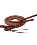 Coiled view of Extra Heavy Duty Harness Leather Split Reins With Pineapple Knot Ends Five Eighths Inch By Eight Foot, Oil Dipped