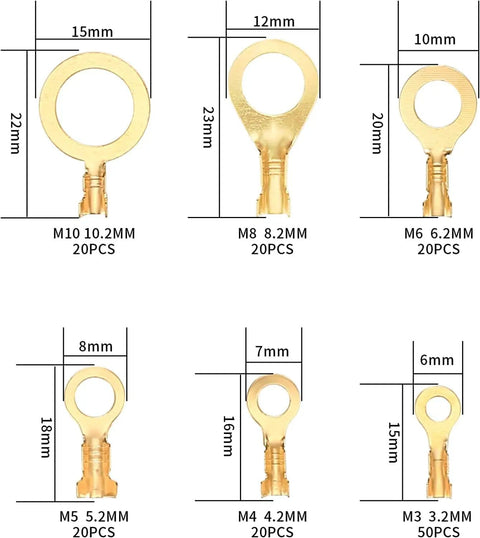 Product image showing sizes of brass wire connectors from 160 Piece Copper Ring Terminal Kit With M3 M4 M5 M6 M8 M10 Brass Wire Connectors Open Barrel Cable Lugs Crimp Set In Plastic Storage Box For Electrical Terminals A Must Have For Any Quick DIY Electrical Project, showcasing M3 to M10 sizes with measurements.