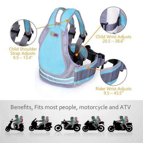Kid Motorcycle Safety Harness With Reflective Strip And 4 In 1 Buckle For Front Or Back Ride, showing adjustable straps.
