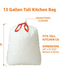 Tall Kitchen Drawstring Trash Bags With Fresh Scent, 13 Gallon, 45 Count; image shows dimensions and drawstring closure.