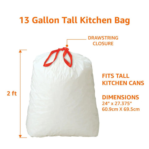 Tall Kitchen Drawstring Trash Bags With Fresh Scent, 13 Gallon, 45 Count; image shows dimensions and drawstring closure.