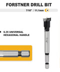 7/16 Inch Forstner Drill Bit With 1/4 Inch Quick Change Hex Shank Tungsten Carbide Tipped for clean cuts in wood