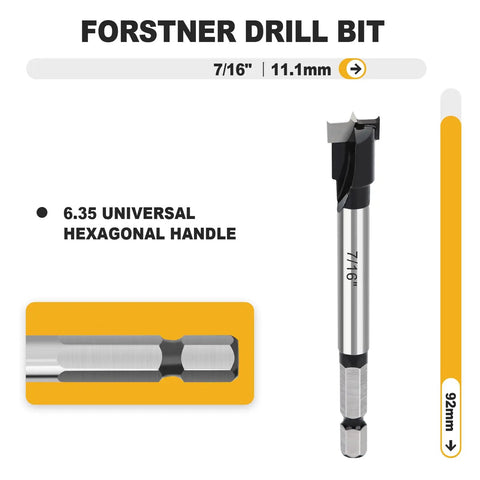 7/16 Inch Forstner Drill Bit With 1/4 Inch Quick Change Hex Shank Tungsten Carbide Tipped for clean cuts in wood