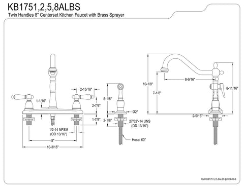 Technical drawing of Heritage 8 Inch Centerset Kitchen Faucet With Solid Brass Construction And Polished Chrome Finish Four Hole Deck Mount 1.8 GPM Flow Rate Old School Vintage Look Dual Handle Tap For Classic Kitchens with measurements.