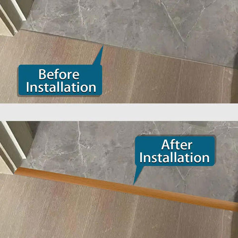 Installation before and after of 2 Inch Self Adhesive Floor Transition Strip For Flat Vinyl Flooring Easy Install With Strong Backing Wood Grain Brown Finish 5 Cm By 10 Ft Durable Abrasion Resistant Edge Cover