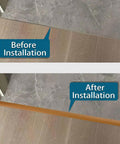 Before and after installation of Self Adhesive Floor Transition Strip 2 Inch Wide Brown Wood Grain Vinyl 20 Feet Long Easy Peel And Stick