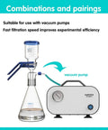 Portable Oil Free Diaphragm Vacuum Pump For Filtration With Adjustable Pressure And Fast 20 Lpm Airflow, A Lab Workhorse, connected with rubber tubing to laboratory filtration apparatus.