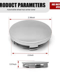 Pack Of Four Universal Car Wheel Center Hub Covers Snap On Silver Rim Caps showing diameters 2.36 inch and 2.2 inch.