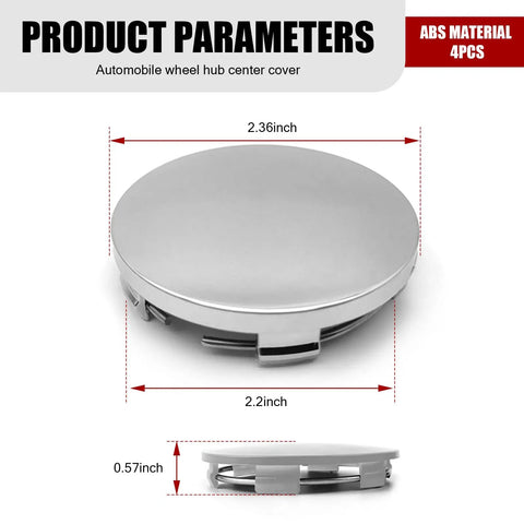 Pack Of Four Universal Car Wheel Center Hub Covers Snap On Silver Rim Caps showing diameters 2.36 inch and 2.2 inch.