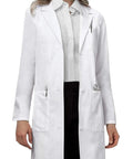 Women's Medical Lab Coat With Three Pockets Long Sleeve Button Front White Durable Cotton Polyester Blend Fade Resistant For Medical Pros, Comfortable Fit In Size Medium front view
