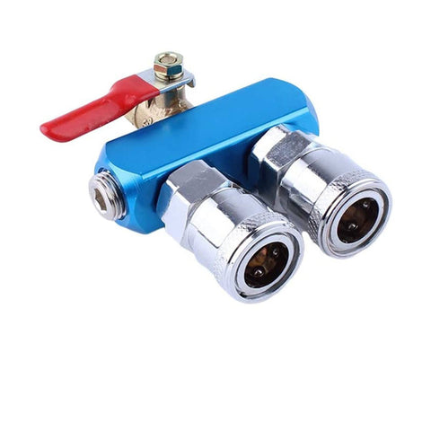 Two Way Five Port Aluminum Pneumatic Manifold Block Splitter Inline Fittings for Air Compressors Sky Blue with Valve
