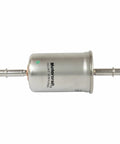 FG-1083 Fuel Pump Filter Assembly For Ford Vehicles, silver cylindrical design with inlet and outlet connectors visible