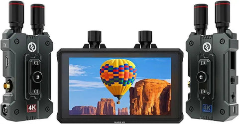 Hollyland Mars M1 Wireless Video Transmission Kit With 4K HDMI SDI Remote Monitor showing 5.5 inch touchscreen and two transmitters.